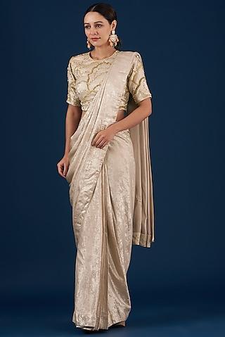 gold lycra shimmer foil printed draped saree set