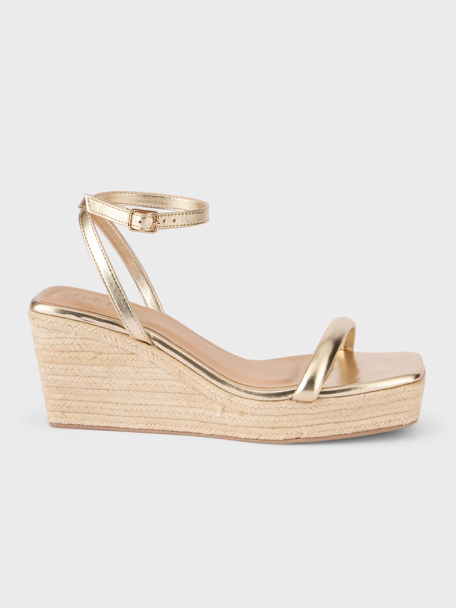 gold metallic ankle strap square toe wedge heels