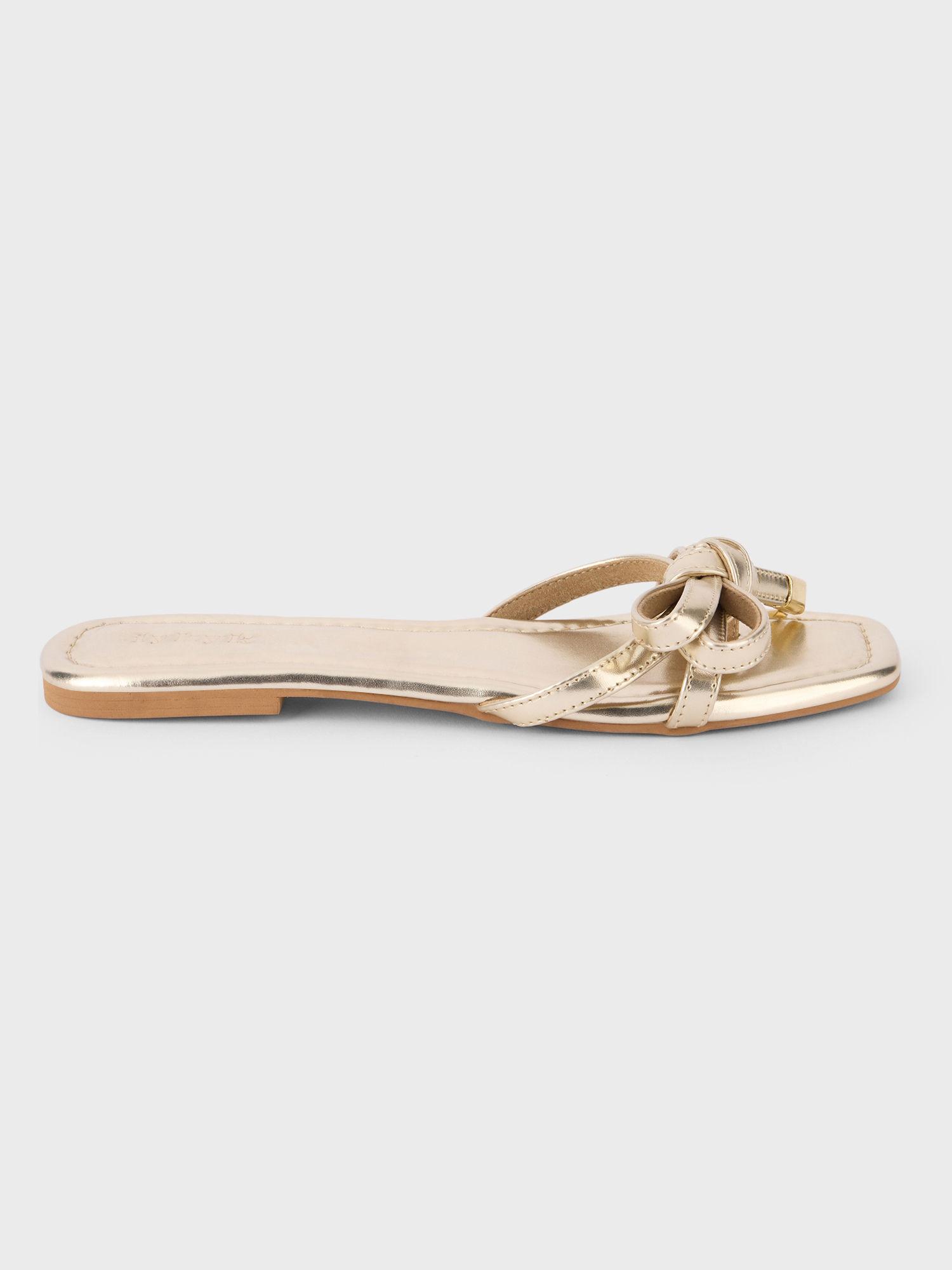 gold metallic knotted bow strappy flats