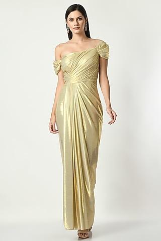 gold metallic lycra off-shoulder draped gown