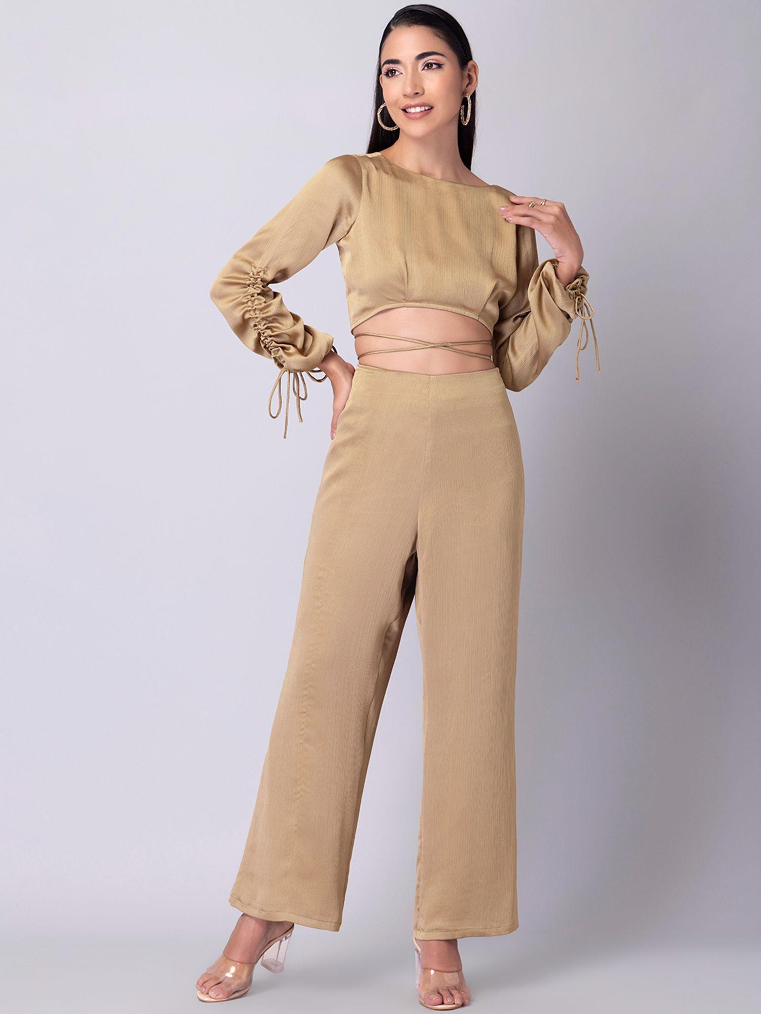 gold midriff flossing crop top and high waist pant co-ord (set of 2)