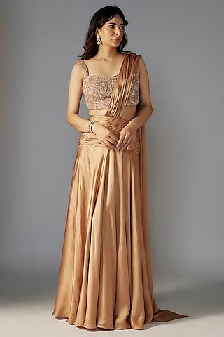 gold modal satin draped saree set