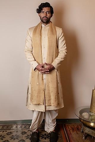 gold moonga silk marodi embroidered sherwani with stole