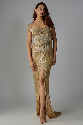 gold net embroidered corset gown