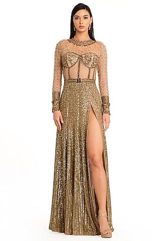 gold net embroidered gown