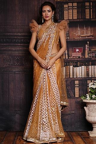 gold net embroidered saree set
