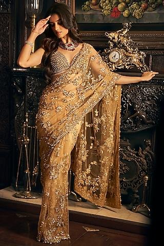 gold net sequins & crystal embroidered saree set