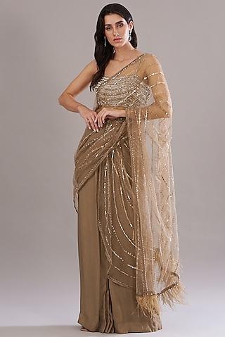 gold organza & georgette pre-draped saree set