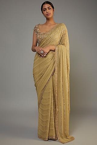 gold organza embroidered saree set