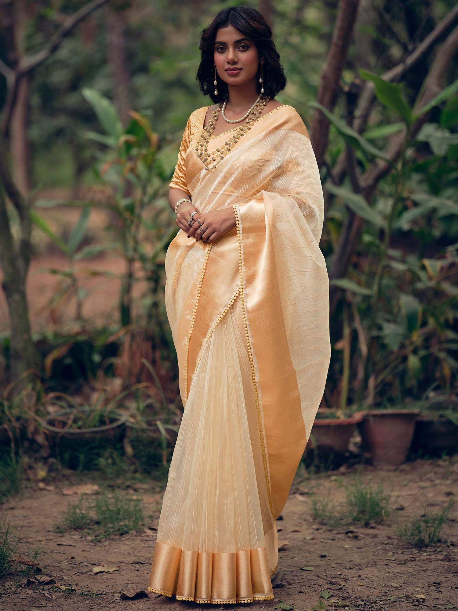 gold organza woven saree with unstitched blouse