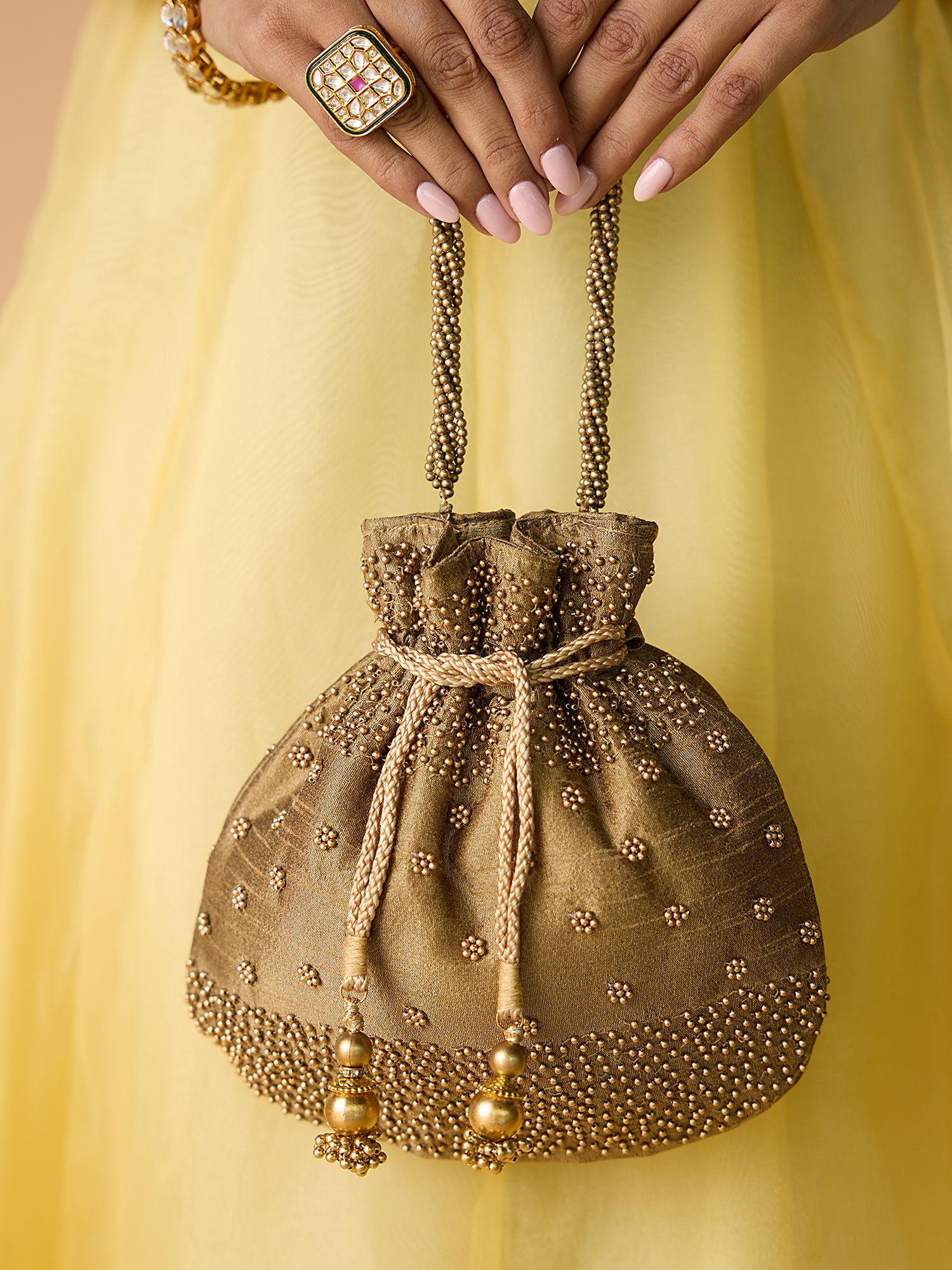 gold pearl embroidery potli bag