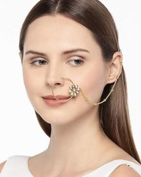 gold-plated american diamond-studded nose ring with chain