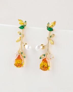 gold-plated crystal-studded dangler earrings