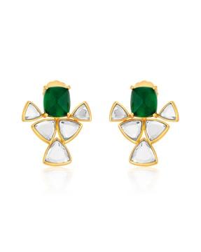 gold-plated geometric emerald studs