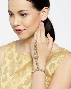 gold-plated kundan pearl chain hathphool for women
