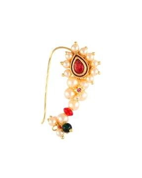 gold-plated pearl beaded stone-studded nath