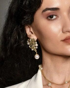 gold-plated pearl stone-studded dangler earrings