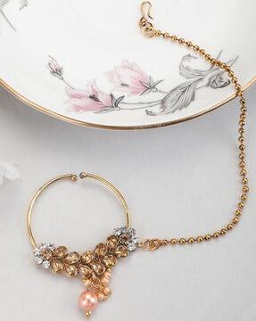 gold-plated rhinestone-studded pearl beaded nosepin with chain