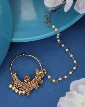 gold-plated rhinestone-studded pearl beaded nosepin with chain