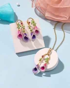 gold-plated ruby blossom enamel pendant & earrings set