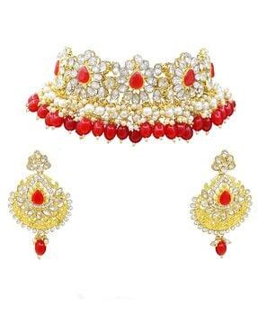 gold-plated stone-studded choker necklace with earrings