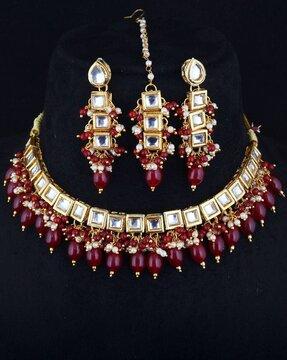 gold-plated stone-studded necklace & earings set