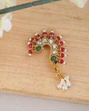 gold-plated stone-studded pearl drop nosepin