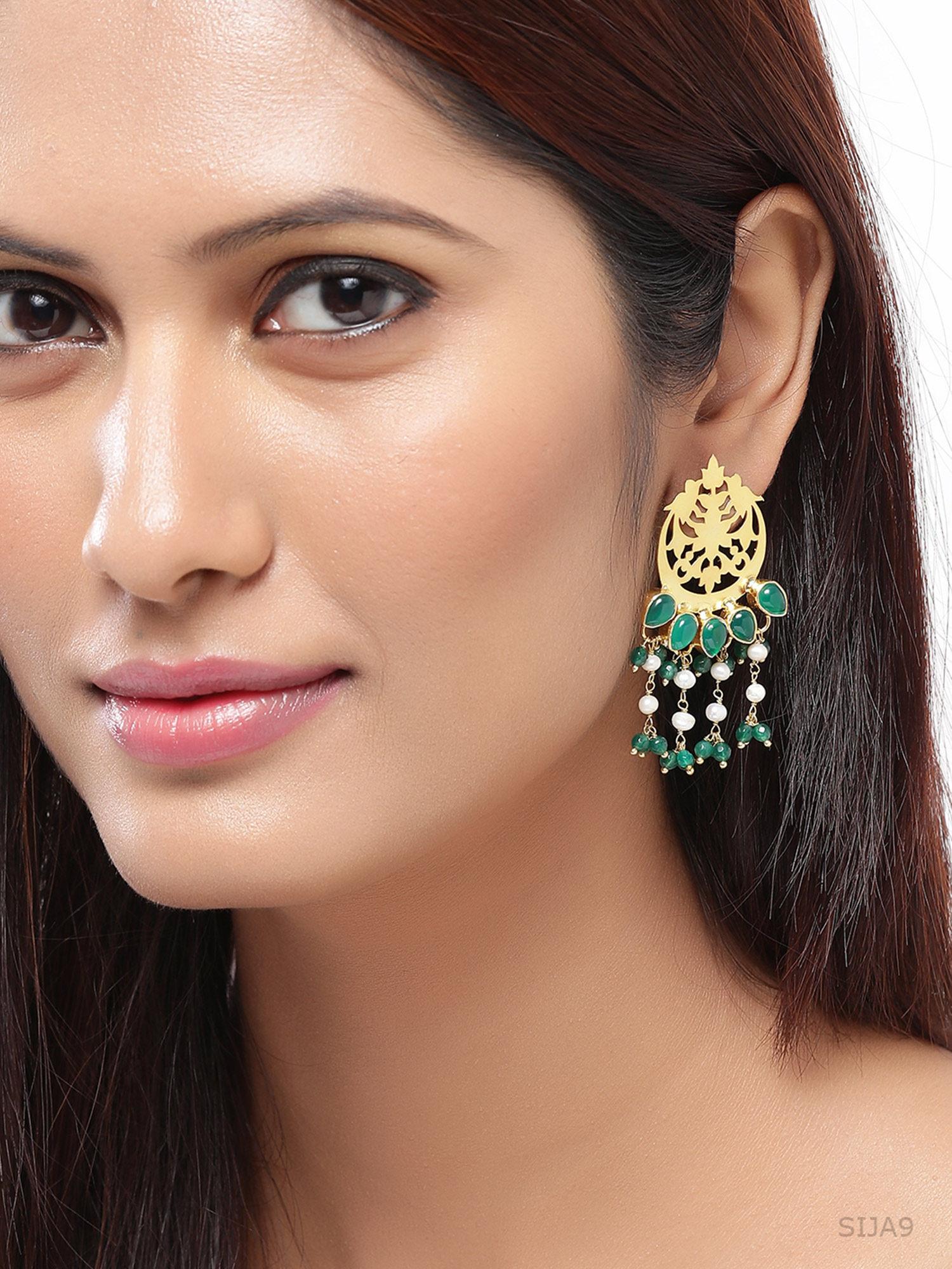 gold plated & green handcrafted circular drop earrings