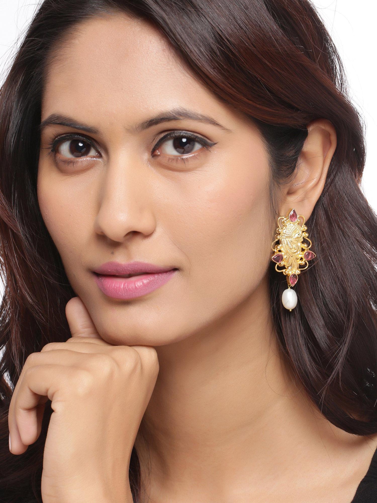 gold plated & pink handcrafted contemporary drop earrings