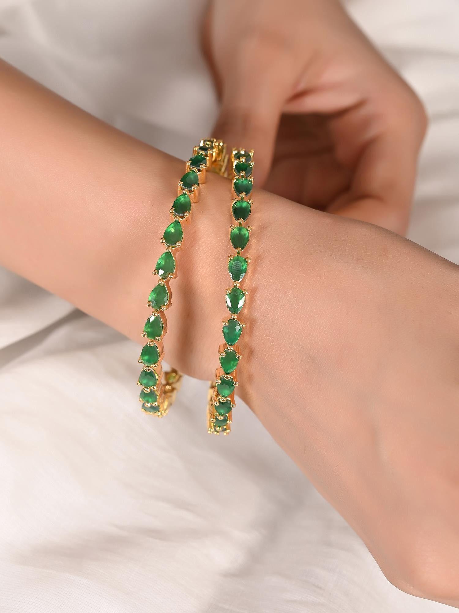 gold plated ad studded green pear single line bangles (set of 2)