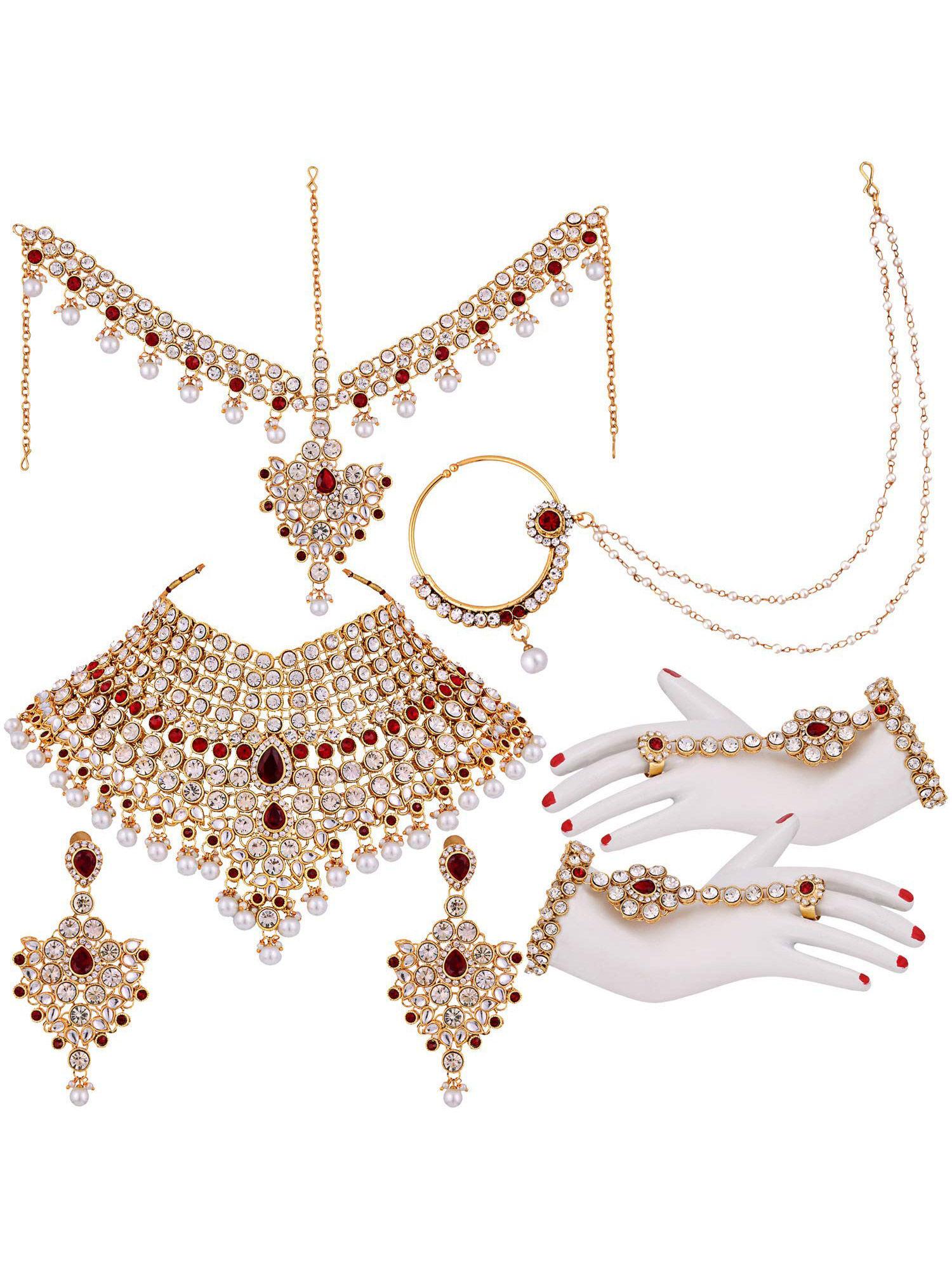 gold plated american diamond jodha akbar bridal choker necklace jewellery set-pf37brblp021m