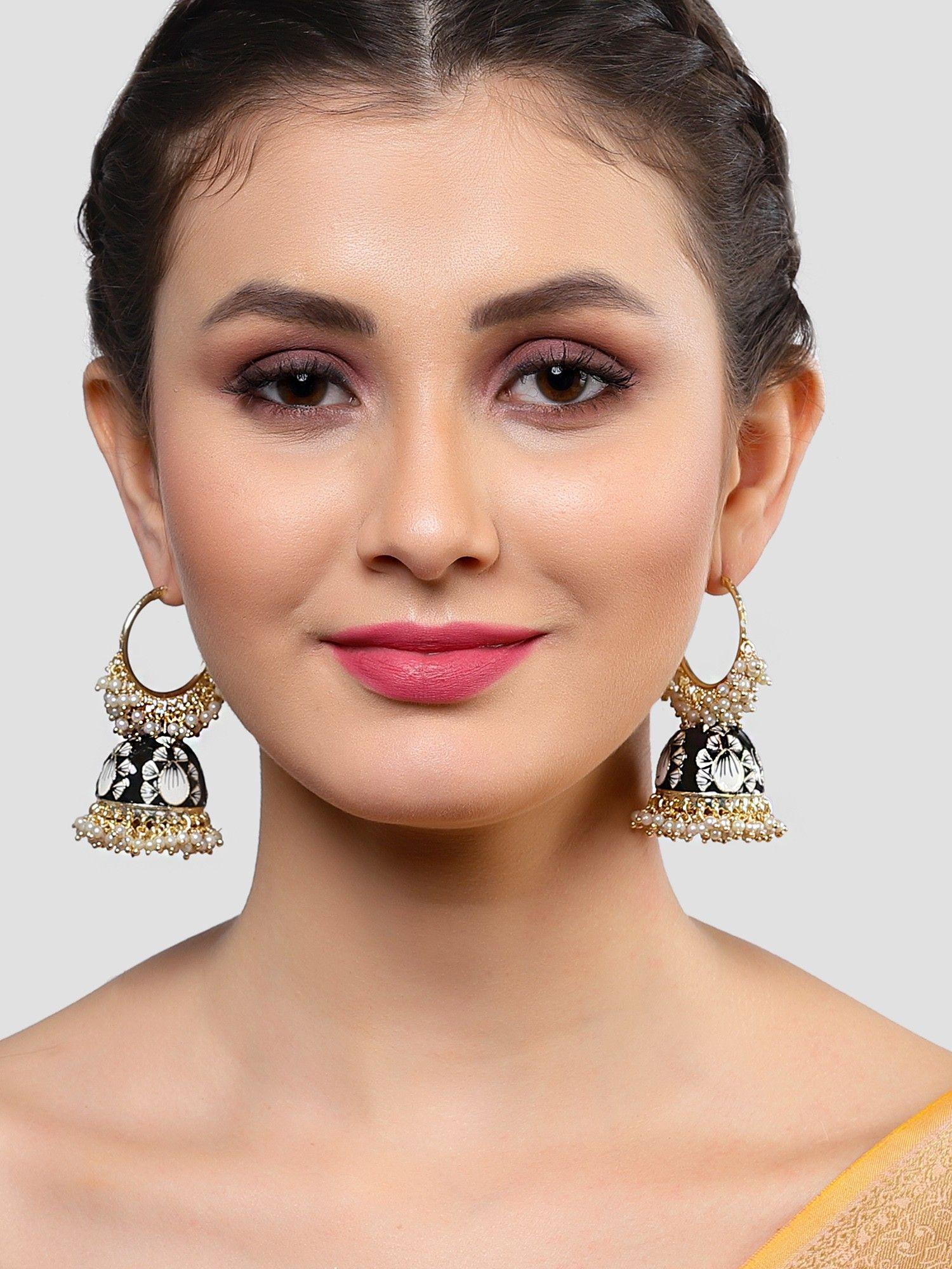 gold plated black meenakari pearl jhumki earrings for women