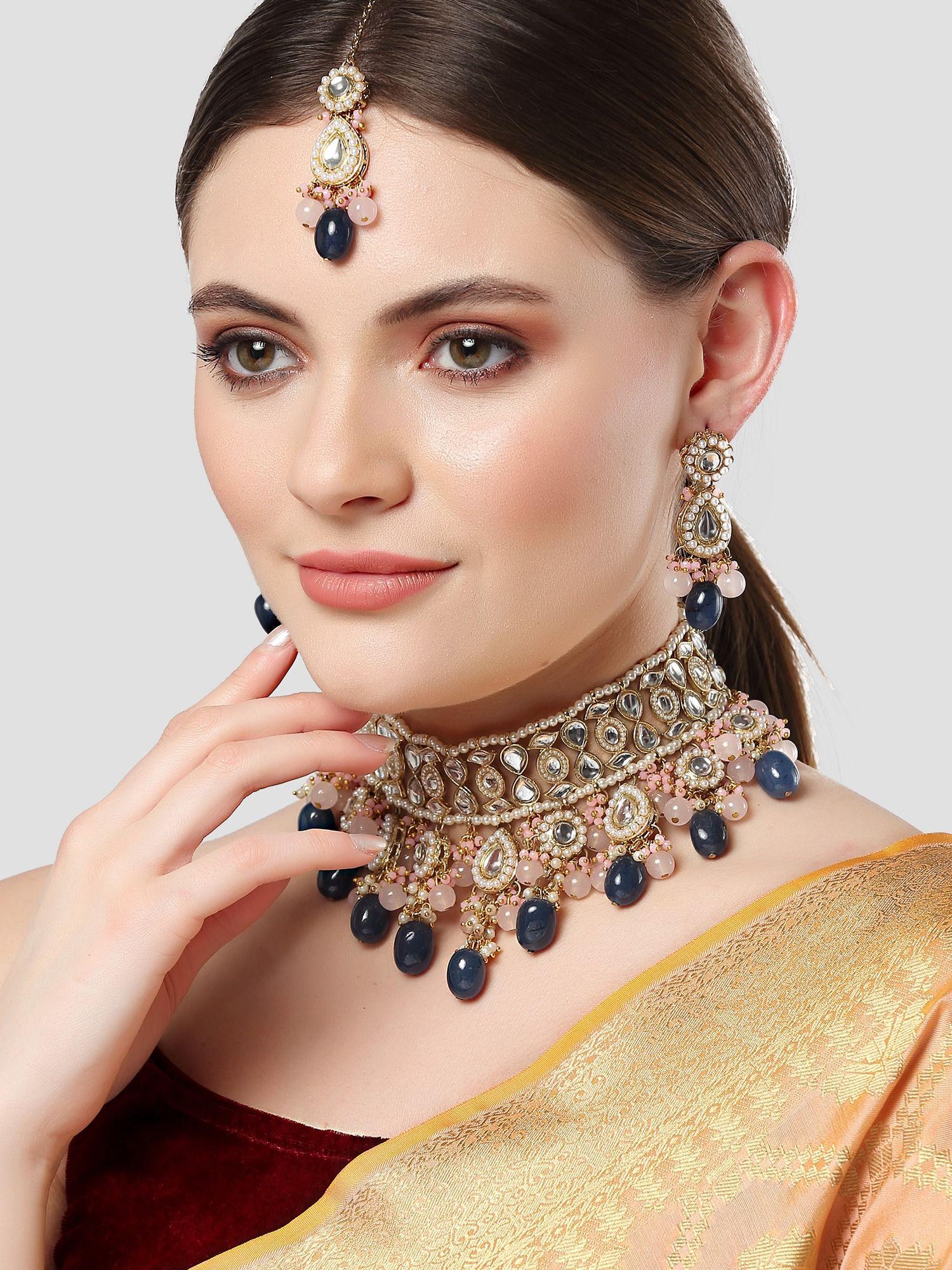 gold plated blue and pink kundan choker necklace set for women