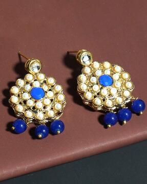 gold plated blue beads kundan dangler earrings for women