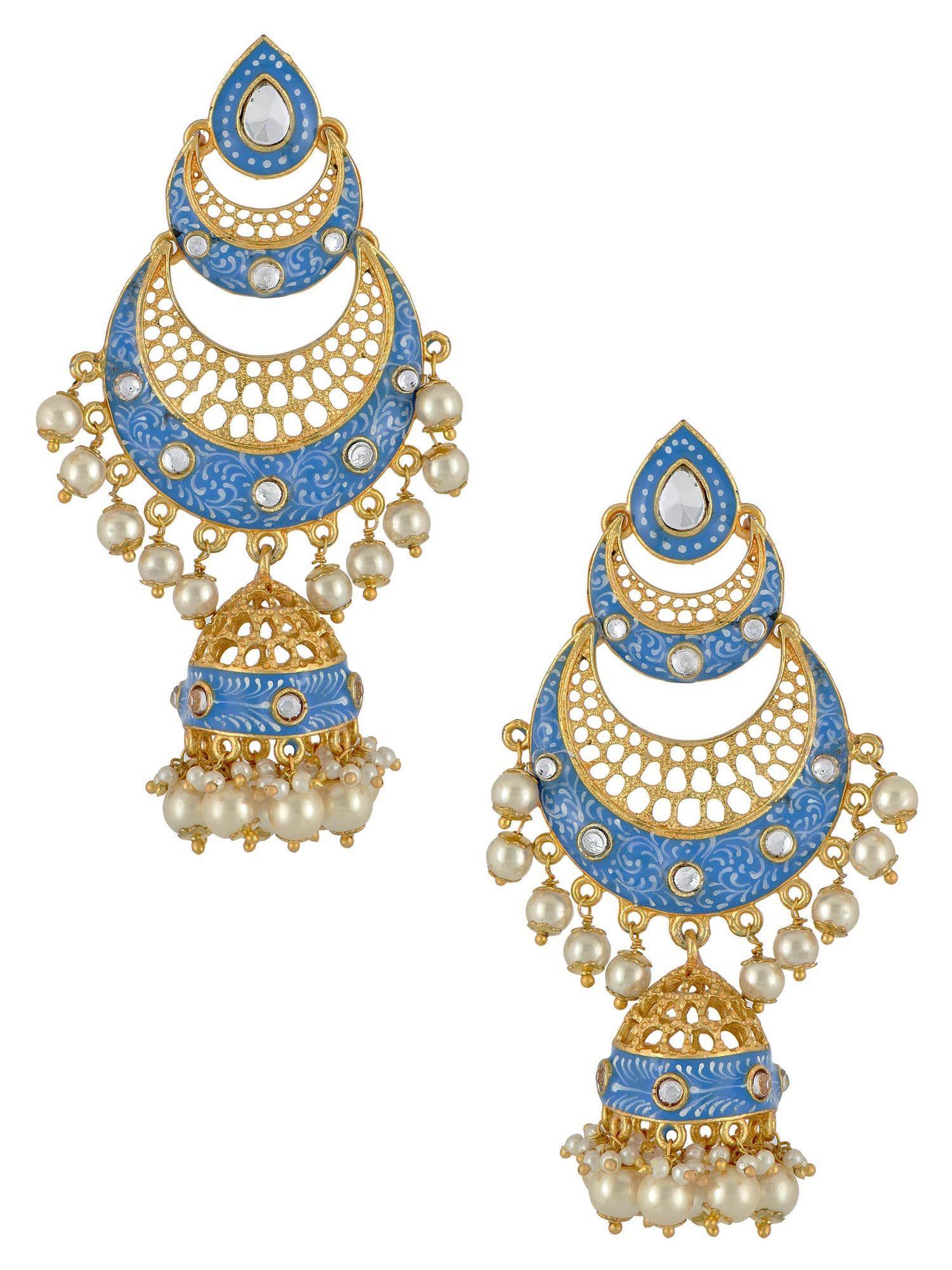 gold plated blue double crescent moon jhumka