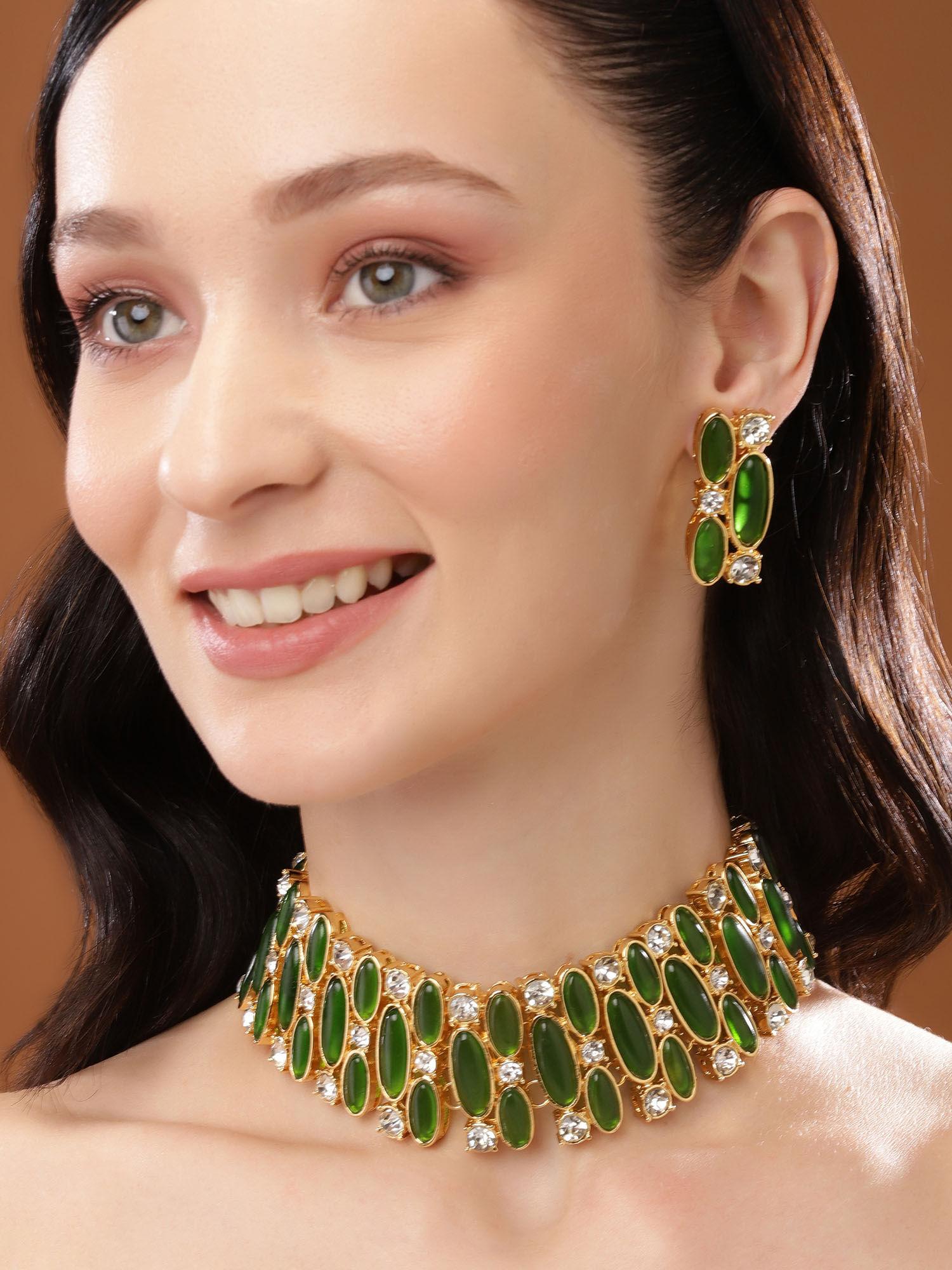 gold plated captivating necklace set with green & white stones for women