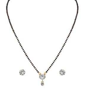 gold-plated crystal-beaded american diamond-studded mangalsutra & earrings set