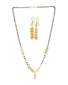 gold-plated crystal-beaded leaf mangalsutra & earrings set
