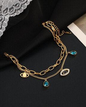 gold-plated crystal-studded 2-layered link bracelet