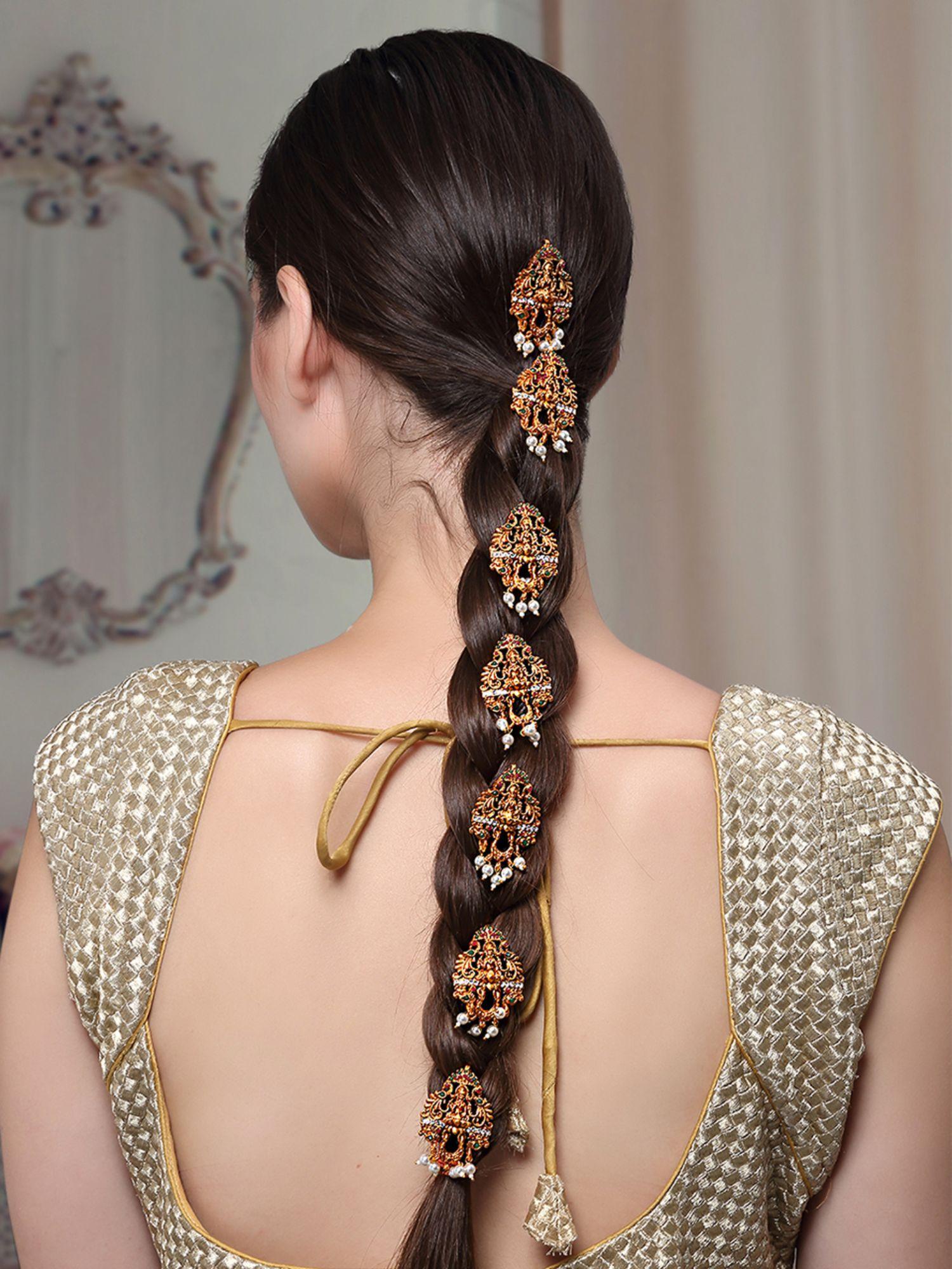 gold plated crystal studded beads drop hair pin bridal hair brooch