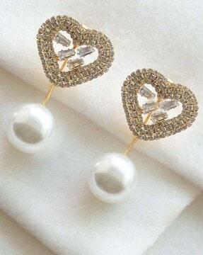 gold plated crystal-studded heart-shaped drop earrings