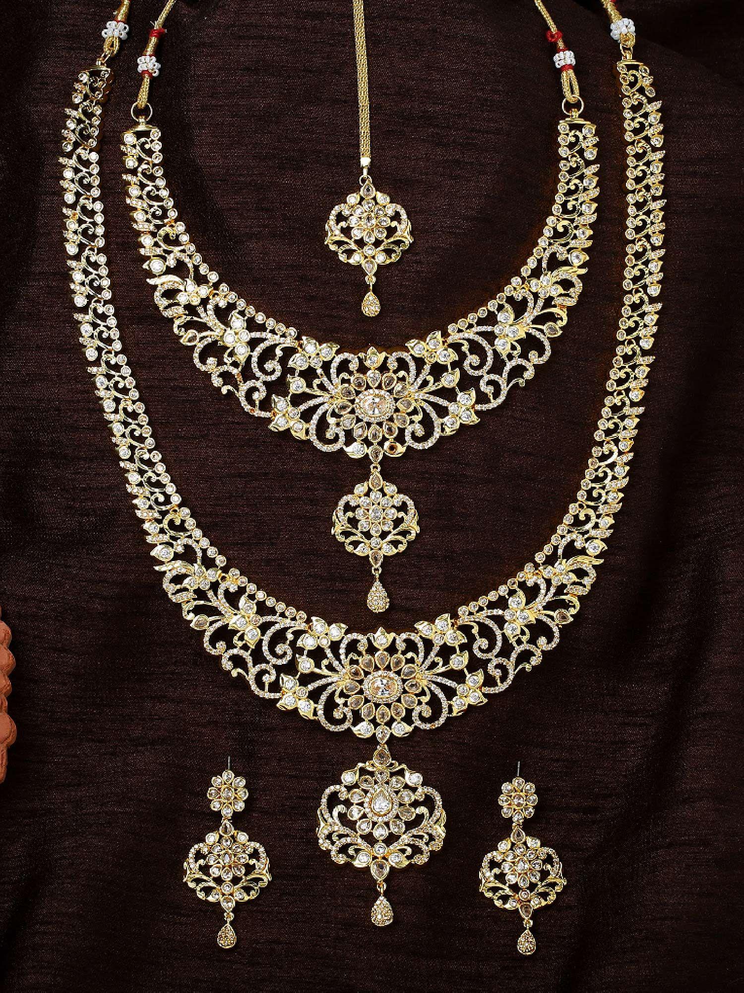 gold plated cz arcadia designer bridal necklace set combo for women