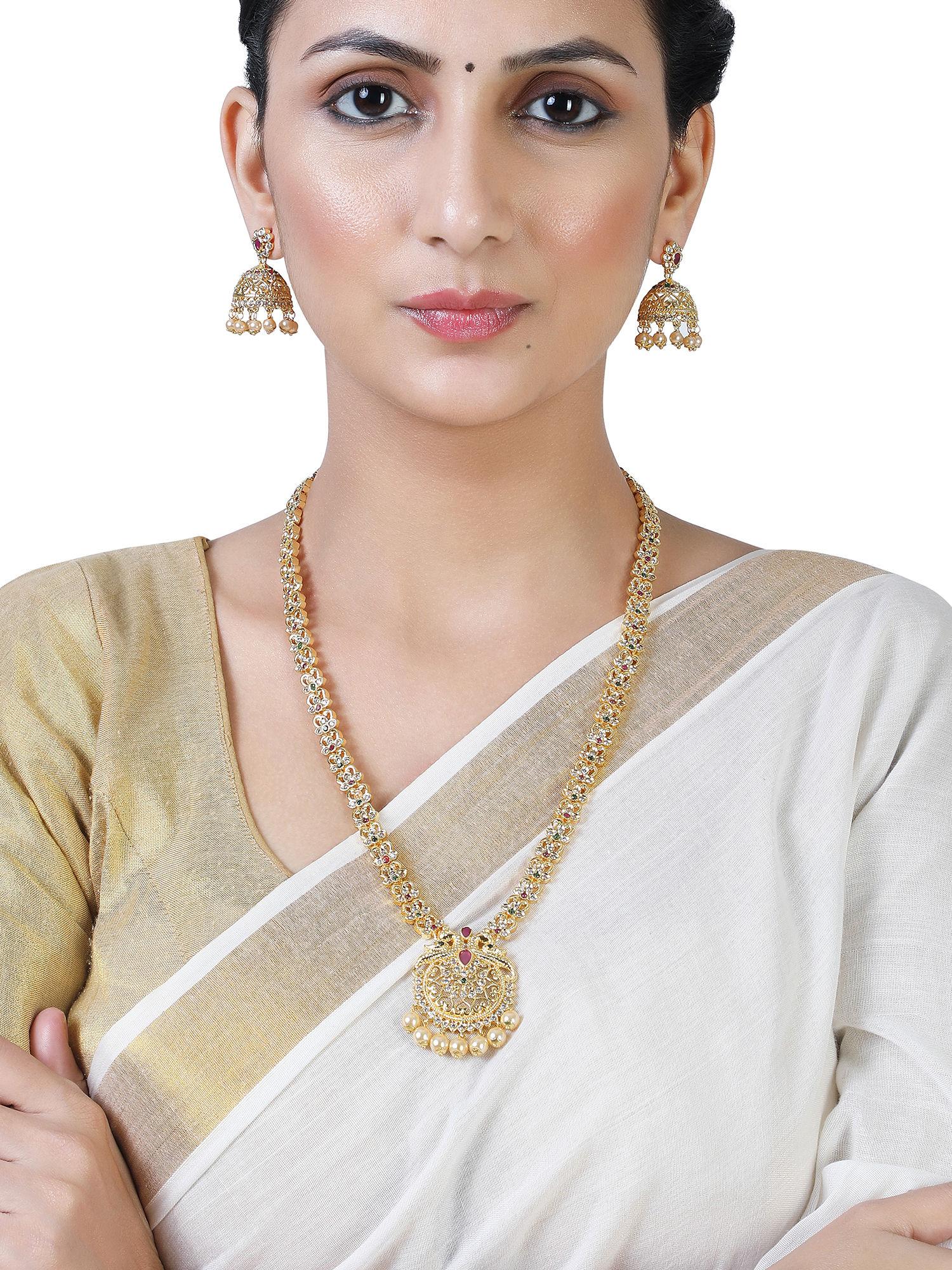 gold plated cz elegant necklace set with pearls for women (set of 2)