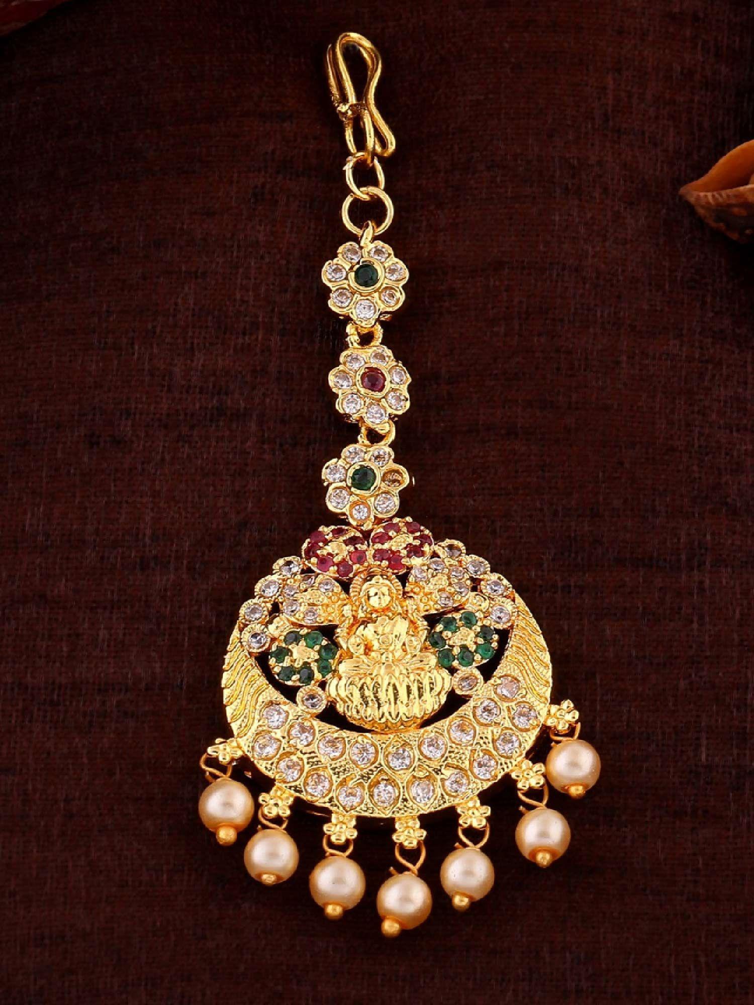 gold plated cz heavenly lakshmi devi designer maang tikka with pearl for women