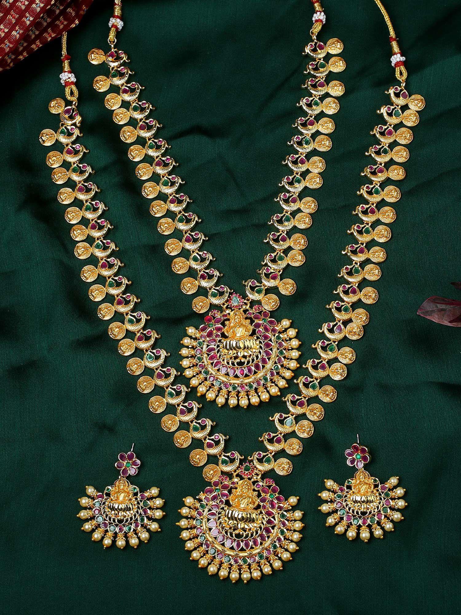 gold plated cz holy laxmi ji with coins designer bridal necklace set for women
