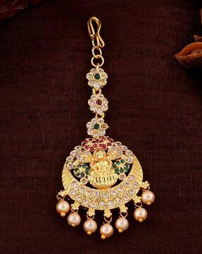 gold-plated cz lakshmi devi design maang tikka with pearls