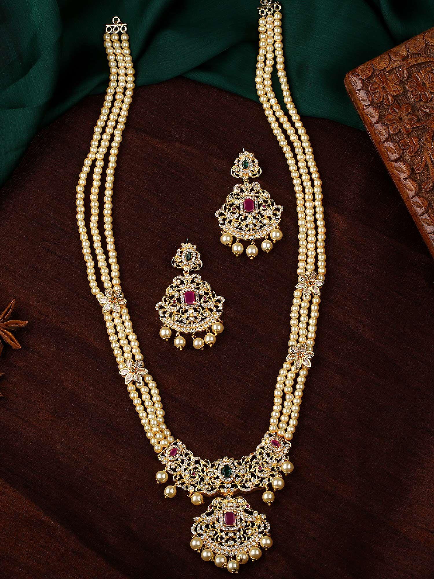 gold plated cz majestic moti haar necklace set with stones and pearls for women