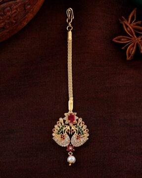 gold-plated cz peacock design maang tikka with pearl