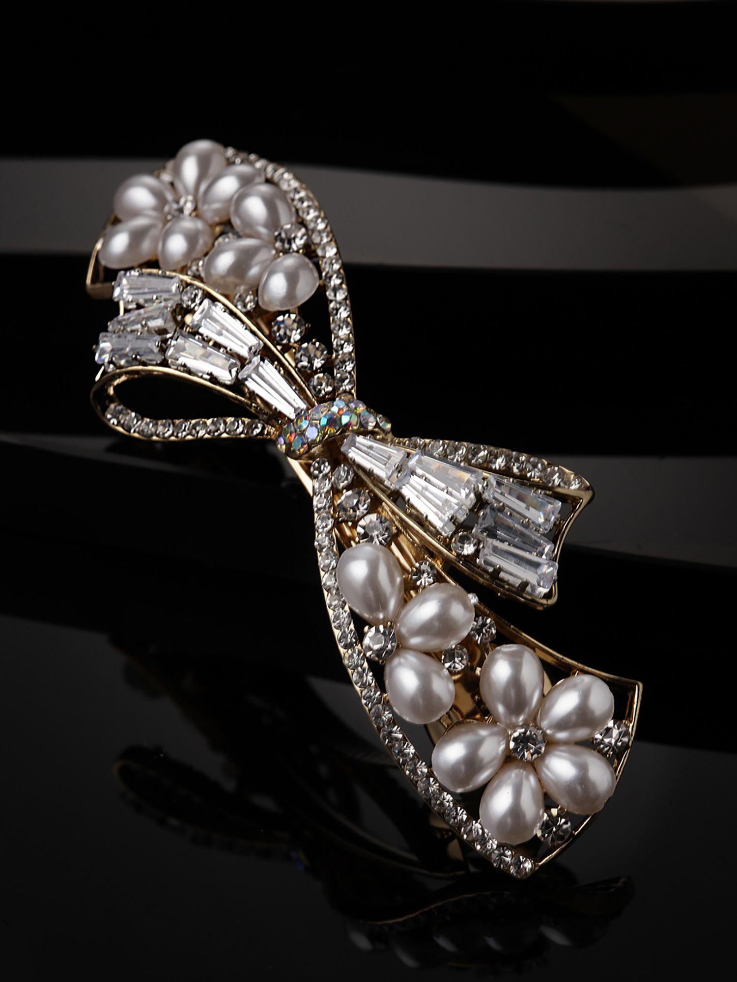 gold-plated cz stone & pearls embellished alligator hair clip