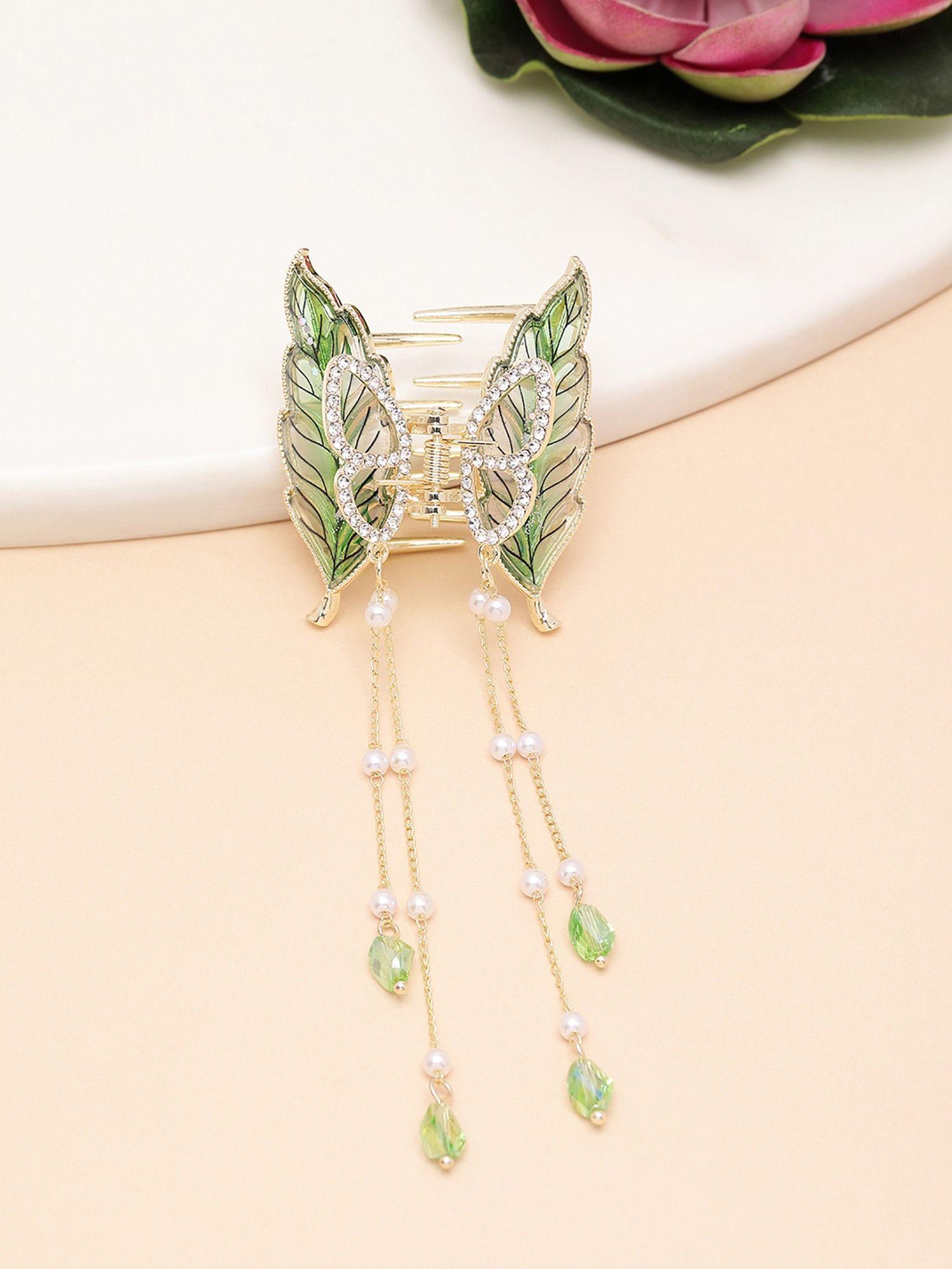 gold-plated cz-stone studded green leaf shaped claw clip